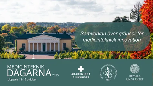 Välkomstbild Medicinteknikdagarna Uppsala 2025visar logotyper Akademiska sjukhuset, MTF och Uppsala universitet