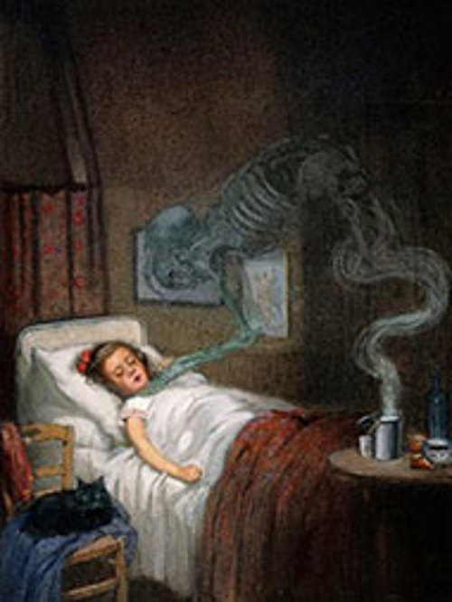 A ghostly skeleton trying to strangle  a sick child; symbolising the disease  diphteria. Watercolour by R. Cooper,  Iconographic Collections, Wellcome  Library, London, UK.