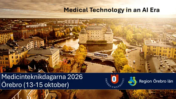 Välkomstbild för Medicinteknikdagarna 2026 föreställer Örebro och logotyper för Region Örebro län samt Örebro universitet